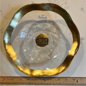 💛 Badash gold leaf bowl NWT wavy art Turkey glass crystal clear